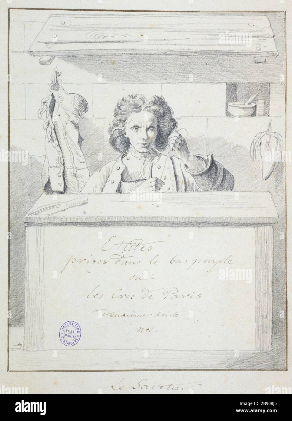 the savetier Edme Bouchardon (1698-1762). Le savetier. Mine de plomb sur papier bleuté, 1698-1762. Paris, musée Carnavalet. Stock Photo