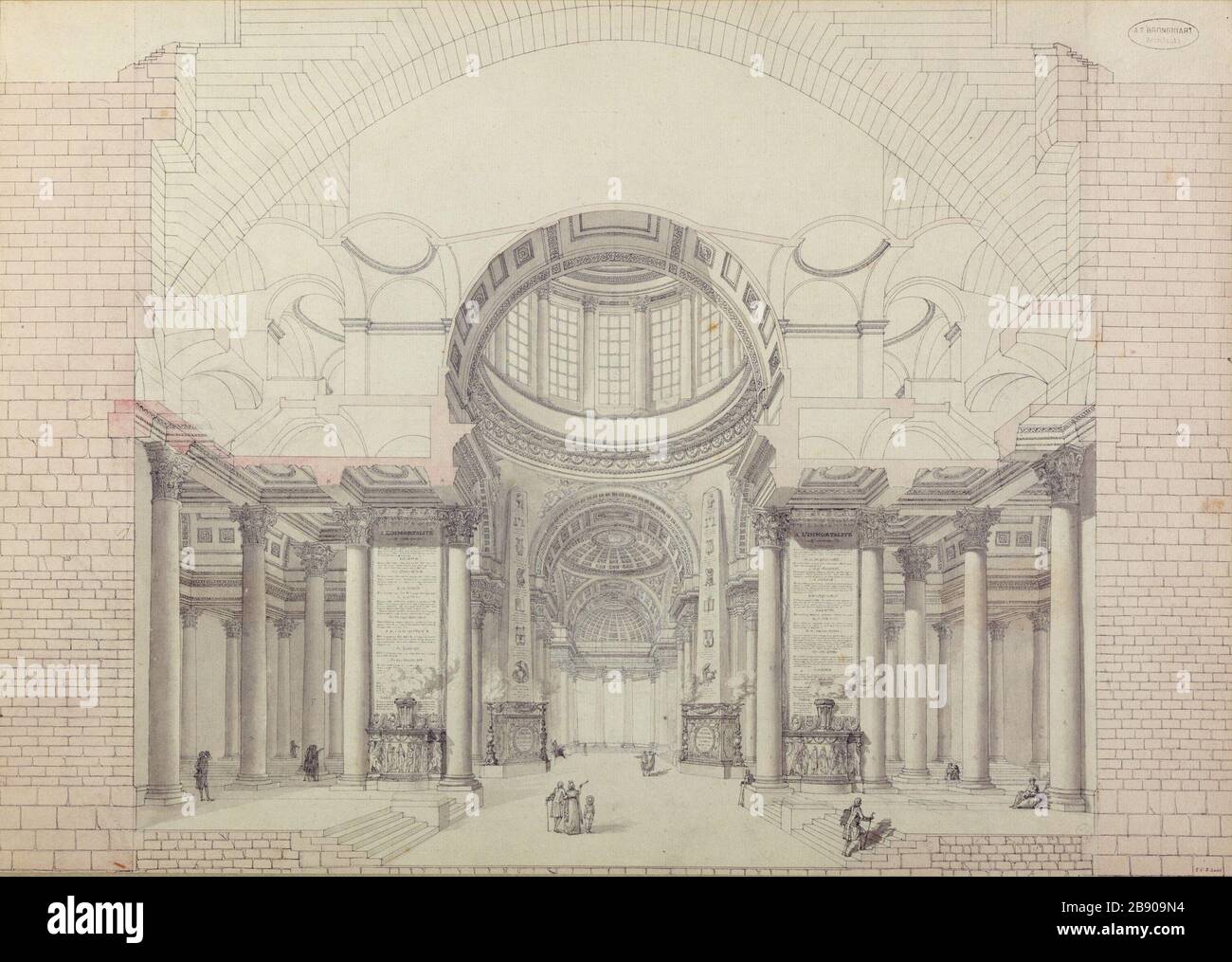 dome of the Pantheon, cut, interior design project to strengthen the four pillars of the dome Alexandre Théodore Brongniart (1739-1813). Coupole du Panthéon, coupe, projet de décoration intérieure pour renforcer les quatre piliers du dôme. Plume et lavis rehaussé de couleur sur papier cartonné. Paris (Vème arr.), 1739-1813. Paris, musée Carnavalet. Stock Photo