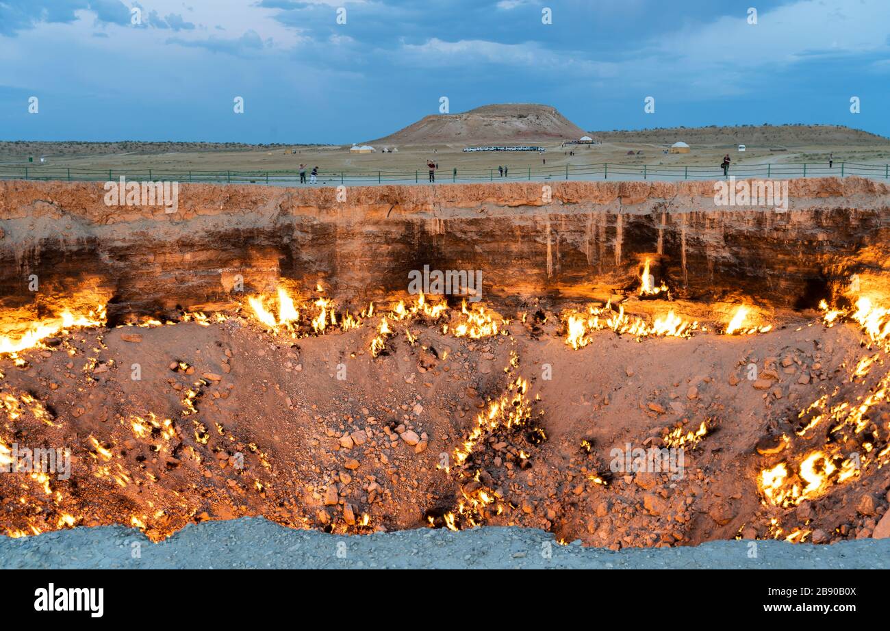 The fire of the Darwaza  (Derweze) gas crater in the Karakum Desert in Turkmenistan. Stock Photo