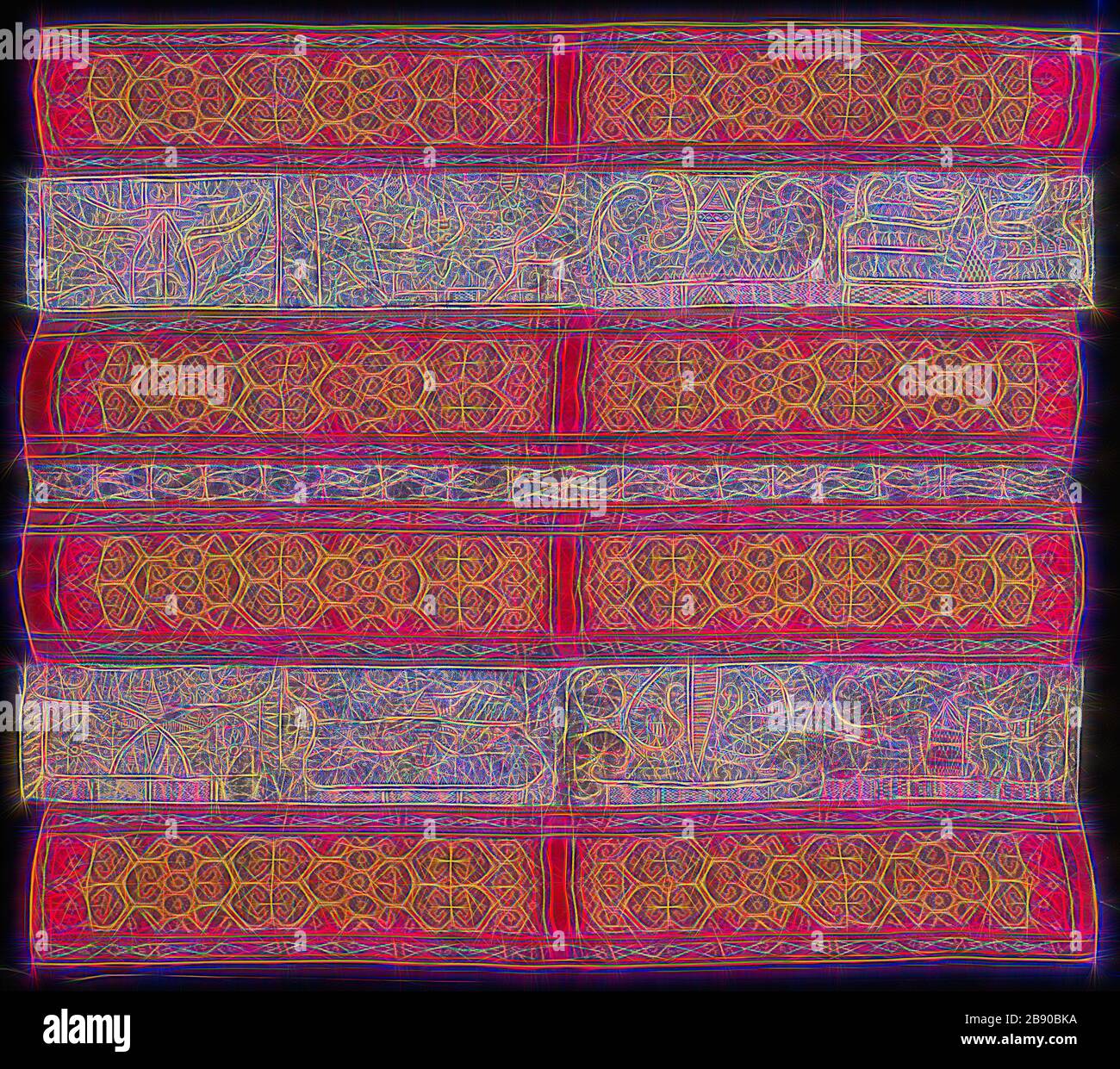 Woman’s Ceremonial Skirt (tapis), 18th century (?), Paminggir people, Indonesia, South Sumatra, Lampung area, Indonesia, Five panels joined: three panels of stripes of silk and cotton, warp resist dyed (warp ikat) plain weave (paired warps), stripes of warp-faced, weft ribbed plain weave with supplementary brocading wefts and one stripe of cotton, plain weave, embroidered with silk in back, double running, stem and surface satin stitches and two panels of cotton, plain weave, embroidered with silk in back, stem and surface satin stitches, 138.6 x 121.8 cm (54 1/2 x 47 7/8 in.), Reimagined by G Stock Photo