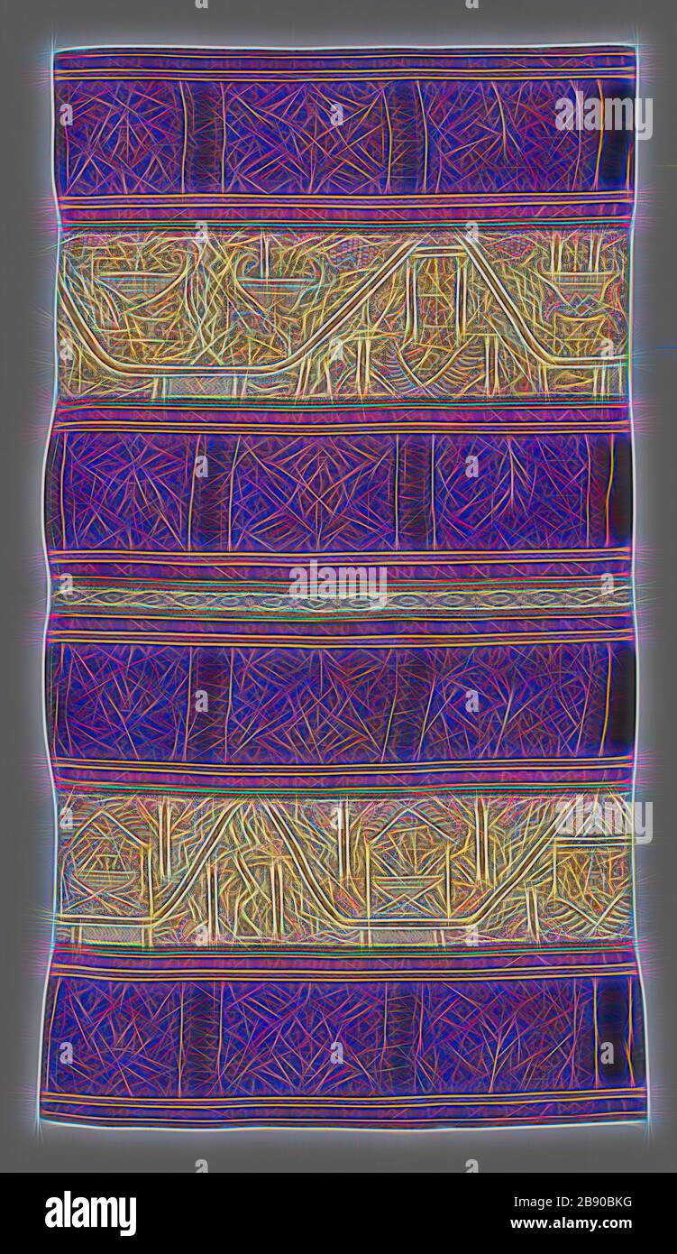 Woman’s Ceremonial Skirt (tapis), 19th century, Paminggir, Indonesia, Sumatra, Lampung, Sumatra, Six panels joined: four panels of stripes of cotton, warp resist dyed (warp ikat), plain weave with paired warps and stripes of cotton and silk warp-faced, weft ribbed plain weave with supplementary brocading wefts and a stripe of cotton, plain weave, embroidered with silk in double running, stem and surface satin stitches and two panels of cotton, plain weave, embroidered with silk in chain, double running, split, and surface satin stitches, mirror pieces, gilt-metal pieces attached with silk, 67 Stock Photo