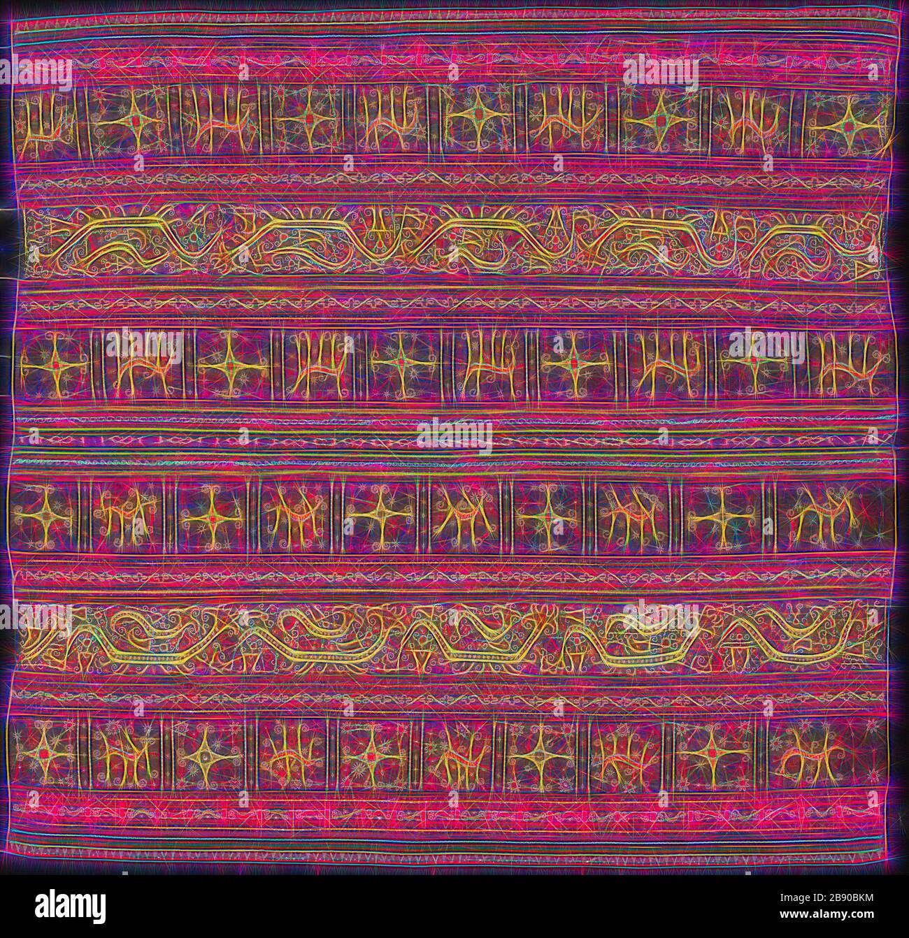 Ceremonial Skirt (tapis), Early 19th century, Abung people, Indonesia, South Sumatra, northern Lampung area, Monggala, Indonesia, Two panels joined: cotton and silk, stripes of warp-faced, weft ribbed plain weave, warp-faced, weft ribbed plain weave with supplementary brocading wefts, and warp resist dyed (warp ikat) plain weave with supplementary brocading wefts, appliquéd with wool, plain weave, embroidered with silk, cotton, pineapple fiber, silver-leaf-over-lacquered-paper strip wrapped cotton and silver-leaf-over-lacquered-paper strip wrapped bast fiber (probably ramie) in buttonhole, dou Stock Photo