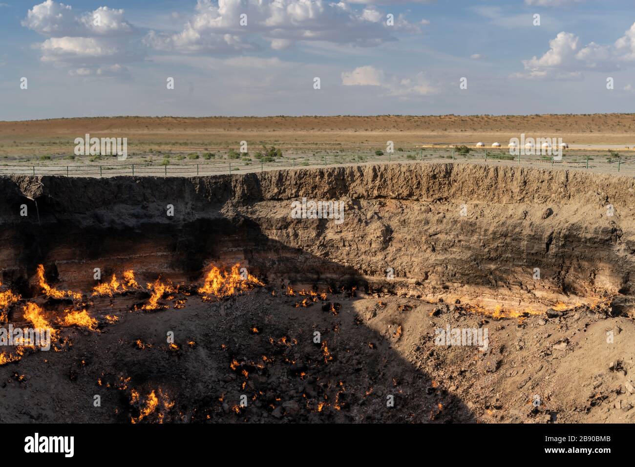 The fire of the Darwaza  (Derweze) gas crater in the Karakum Desert in Turkmenistan. Stock Photo