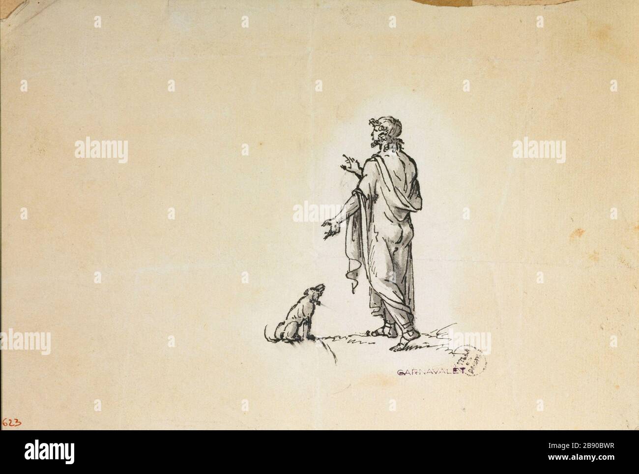 Man and his dog draped Guillaume Boichot (1735-1814). Homme drapé et son chien. Plume, encre de Chine et lavis sur papier crème foncé, 1735-1815. Paris, musée Carnavalet. Stock Photo