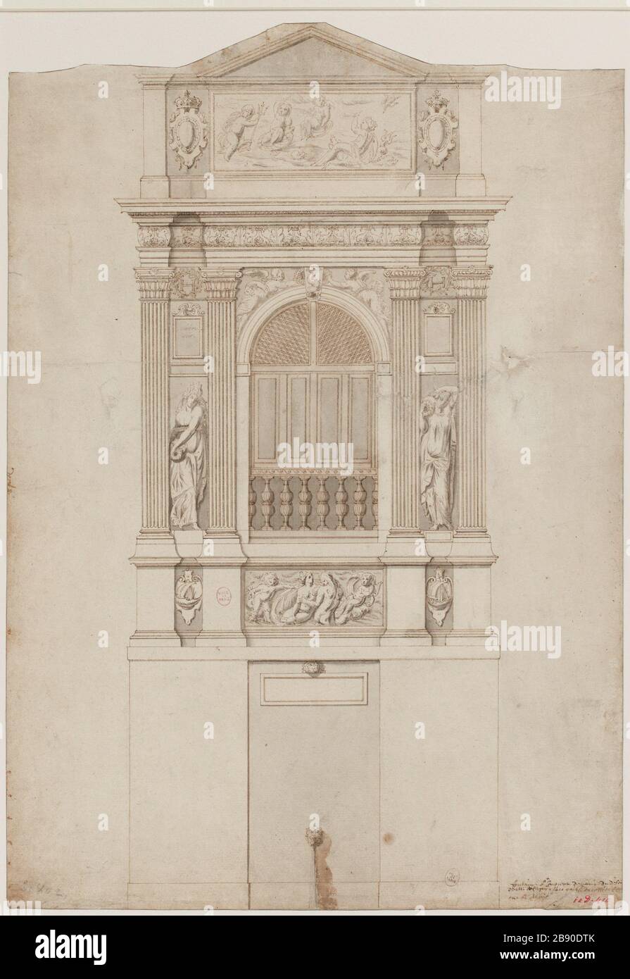 Elevation of the Fountain of the Innocents, facing the Rue Saint-Denis in 1787, current 1st district. Stock Photo