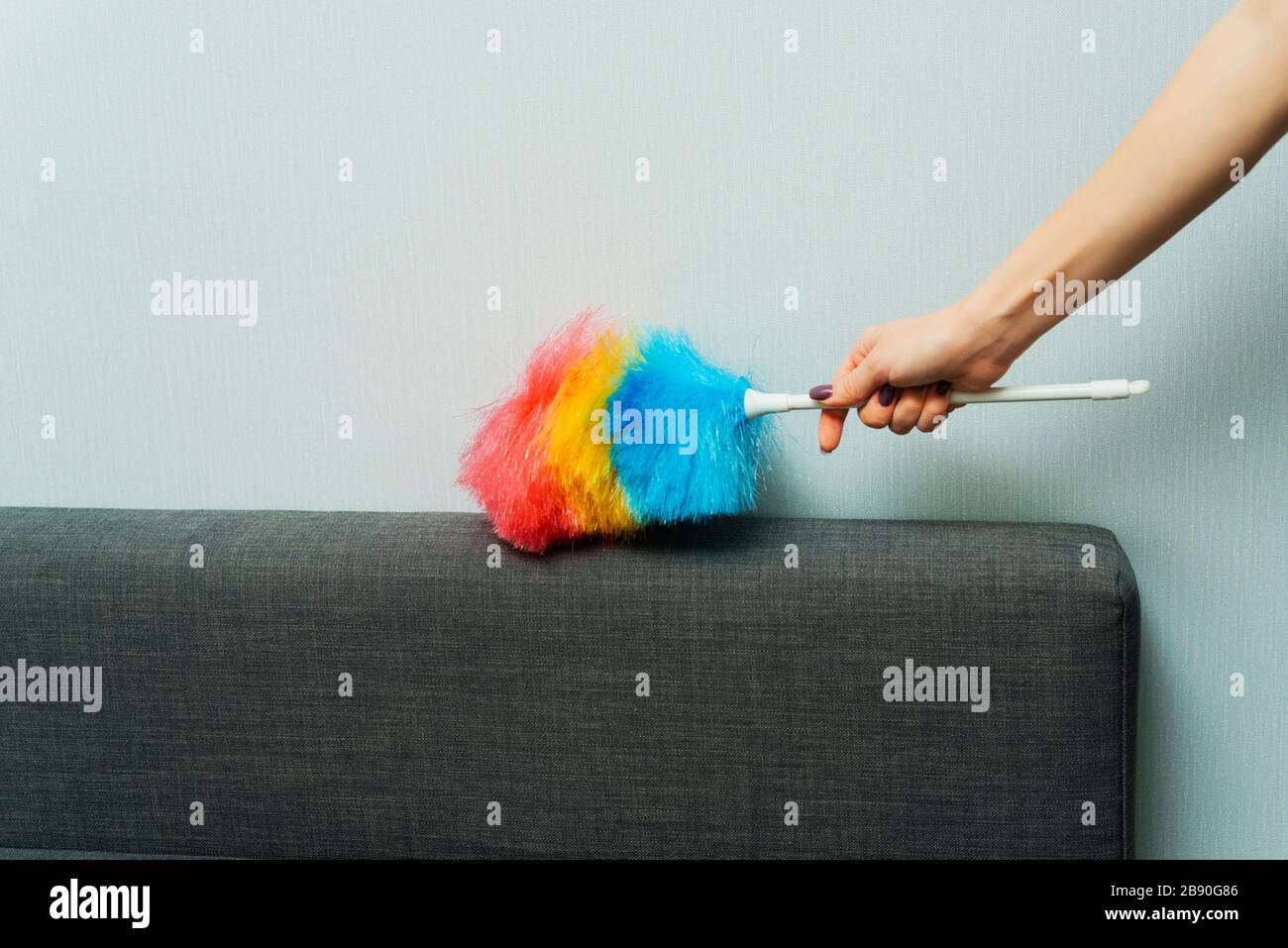 Housewife wipes dust with a dust brush during spring cleaning at home. Household chores and housekeeping. Stock Photo