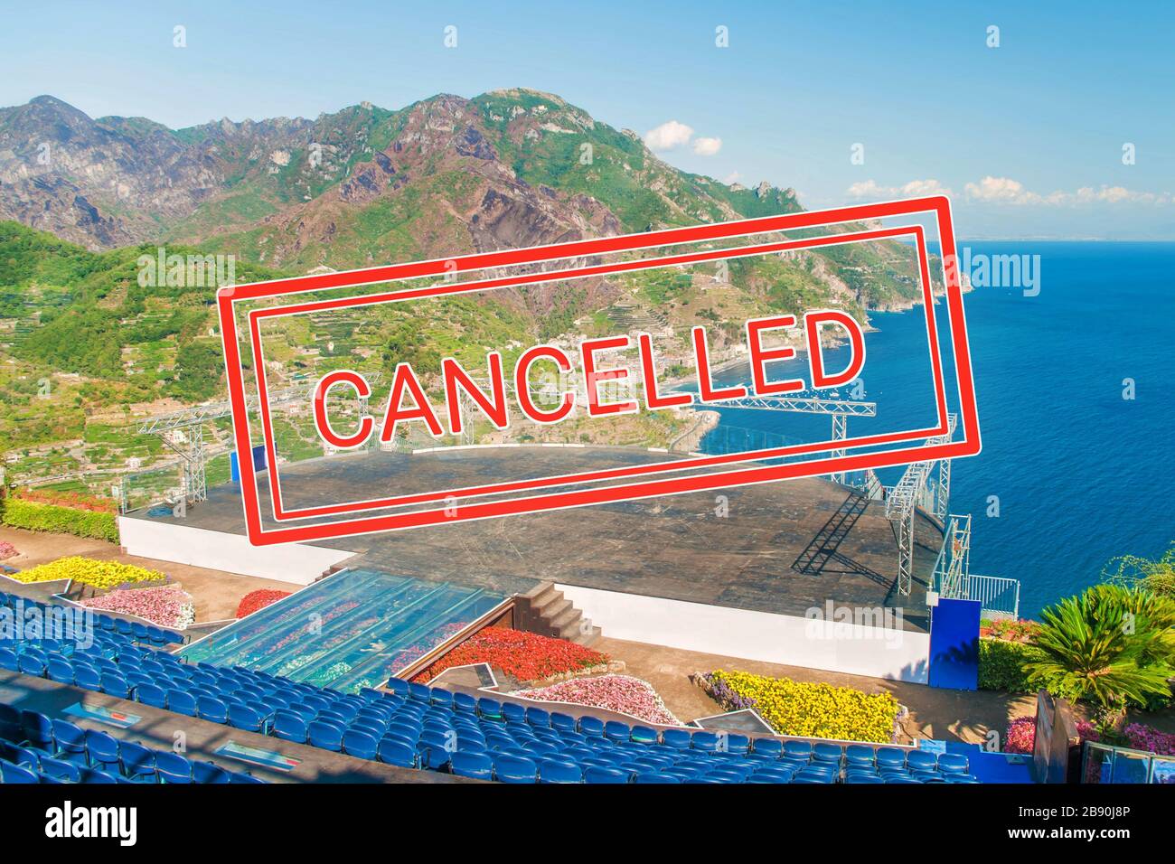empty stage with cancel sign on top, Ravello, Amalfi coast, Italy Stock Photo