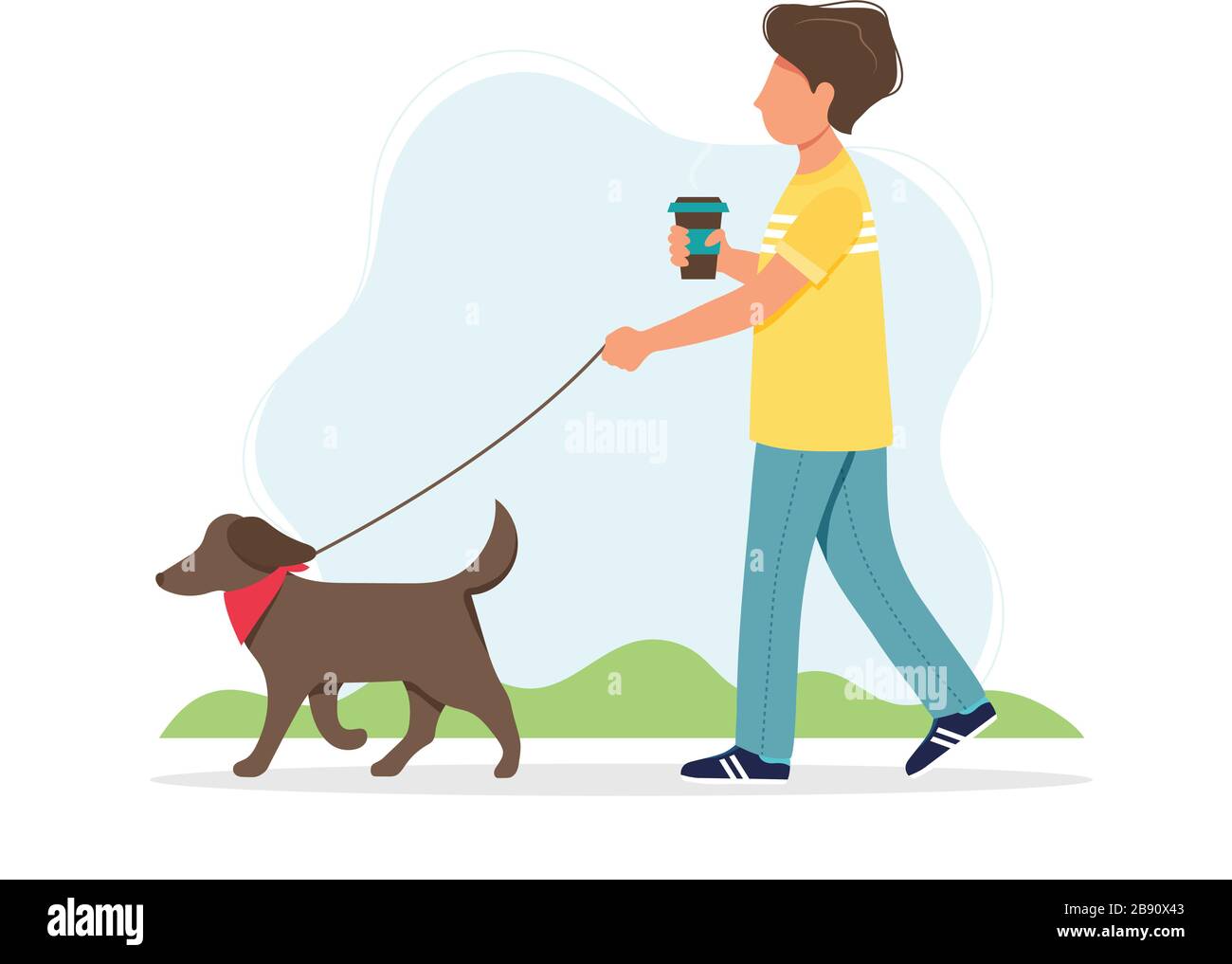 Man walking a dog with a coffee cup in spring. Cute vector illustration ...