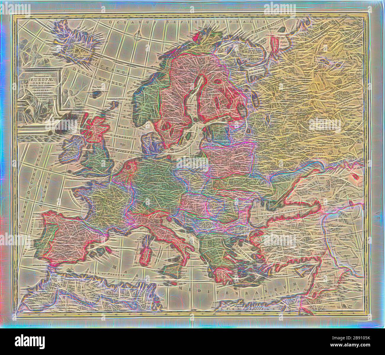 Map, Accuratissima Europae tabula multis locis correcta, et nuperrime edita authore Carolo Allard Ph. Tideman del. G. v. Gouwen sc, Carel Allard (1648-1709), Philip Tiedeman (1657-1705), Gilliam van der Gouwen, Copperplate print, Reimagined by Gibon, design of warm cheerful glowing of brightness and light rays radiance. Classic art reinvented with a modern twist. Photography inspired by futurism, embracing dynamic energy of modern technology, movement, speed and revolutionize culture. Stock Photo