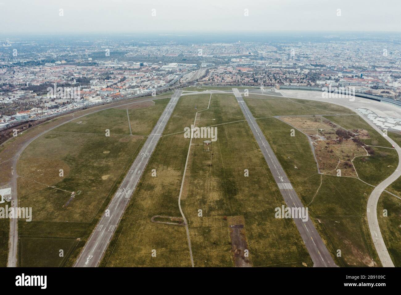aerial photo of an airport's runway Tempelhofer Feld, Berlin Stock Photo