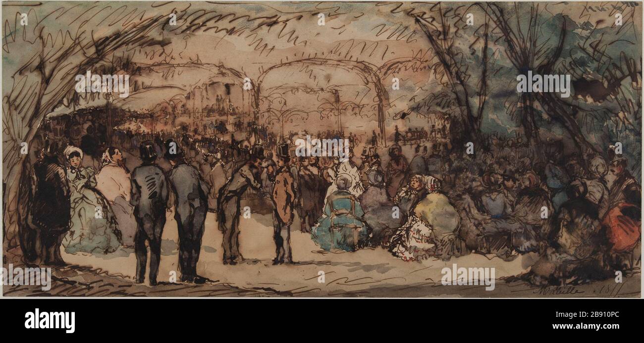 The Bal Mabille Avenue Montaigne, 8th district. Jules de Goncourt (1830-1870). Le Bal Mabille, avenue Montaigne. Paris (VIIIème arr.). Plume, encre et aquarelle. Paris, musée Carnavalet. Stock Photo