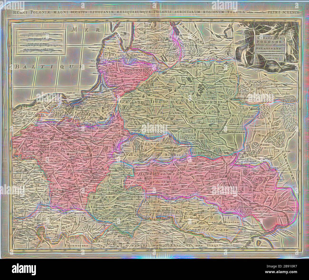 Map, Estats de Pologne, Guillaume Sanson (1633-1703, Copperplate print, Reimagined by Gibon, design of warm cheerful glowing of brightness and light rays radiance. Classic art reinvented with a modern twist. Photography inspired by futurism, embracing dynamic energy of modern technology, movement, speed and revolutionize culture. Stock Photo