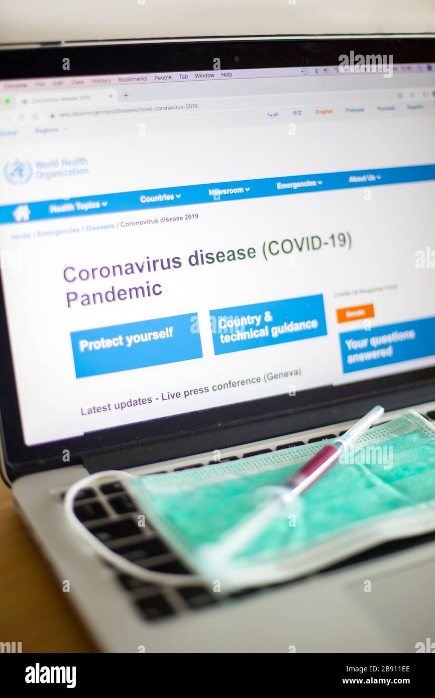 BELGRADE, SERBIA - MARCH 23, 2020: Coronavirus info on World Health Organisation site. World Health Organization (WHO) on March 11 2020 declared COVID Stock Photo