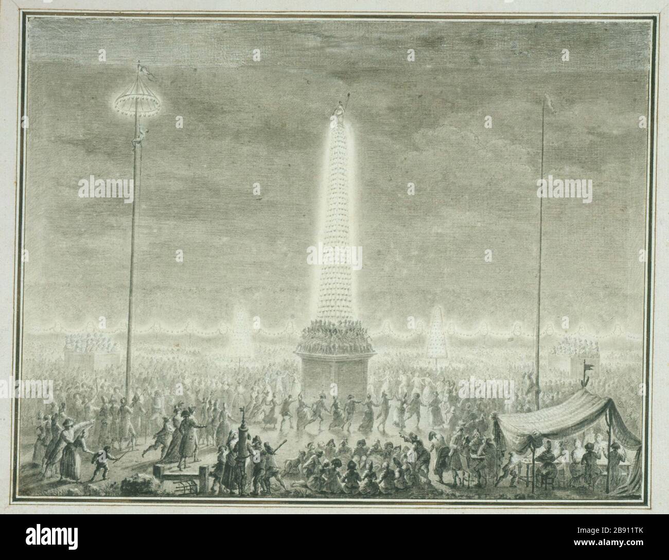 FESTIVALS AND LIGHTS TO CHAMPS-ELYSEES Jean-Louis Prieur (le jeune). "Fêtes et illuminations aux Champs-Elysées le 18 juillet 1790". Paris, musée Carnavalet. Stock Photo