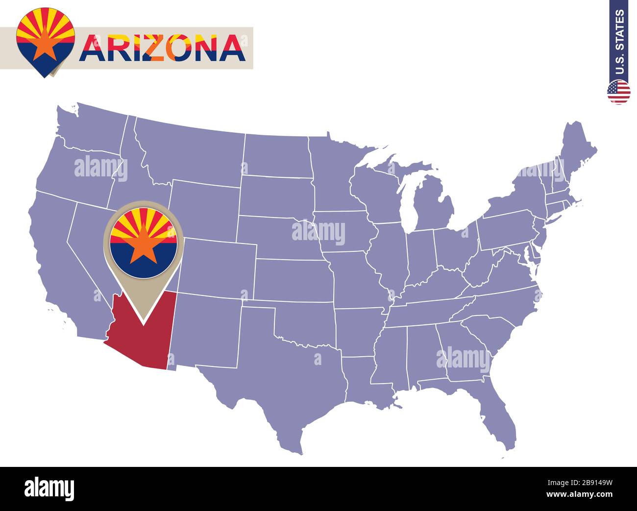 Arizona State on USA Map. Arizona flag and map. US States. Stock Vector