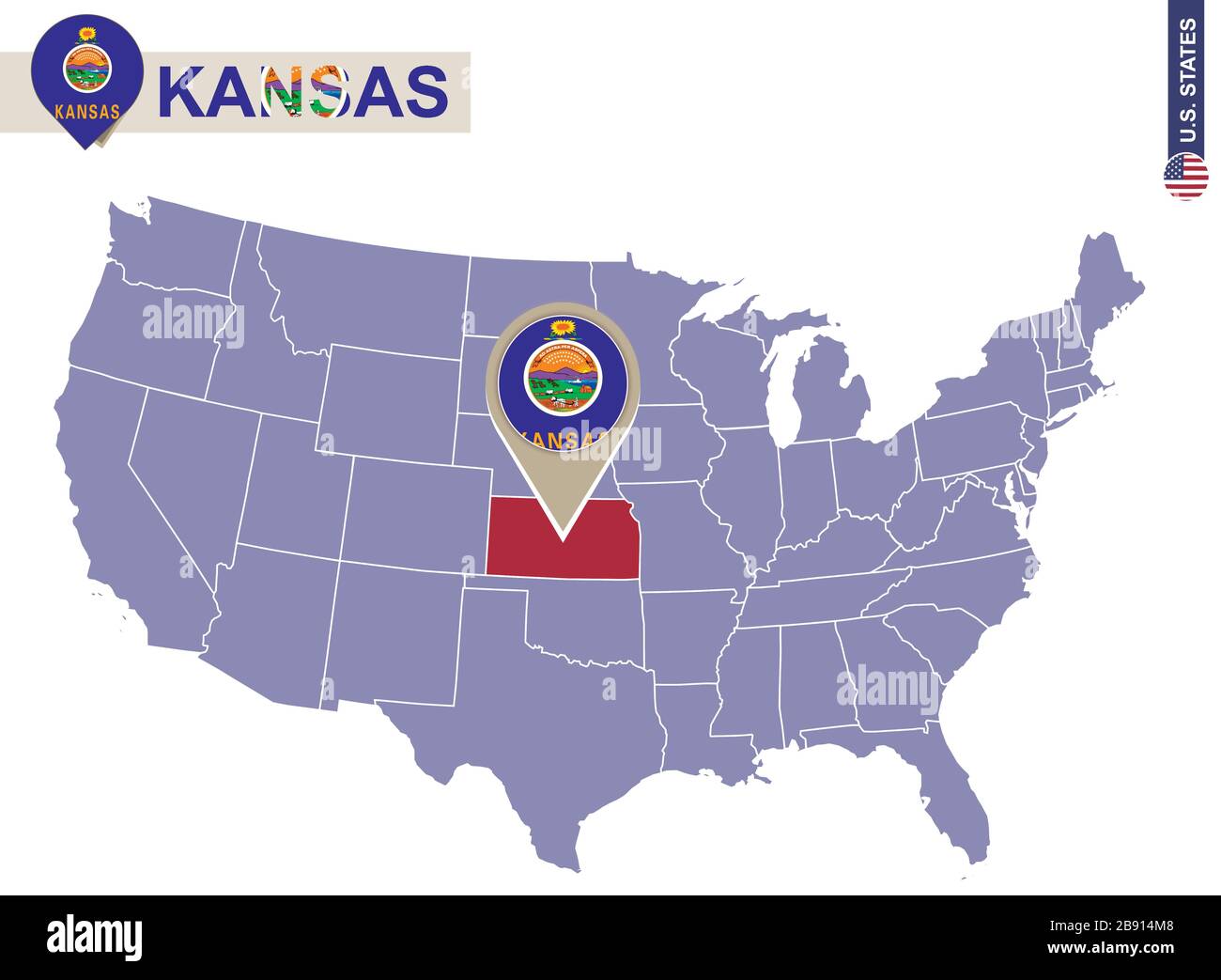 Kansas State on USA Map. Kansas flag and map. US States. Stock Vector