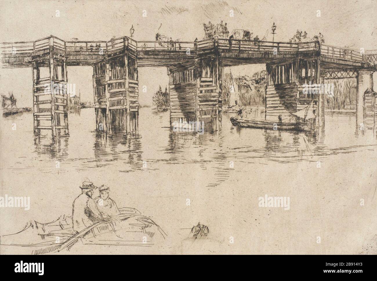 'Old Putney Bridge; English:  United States, 1879 Prints; etchings Etching and drypoint 7 15/16 x 11 5/8 in. (20.16 x 29.53 cm) Gift of The Julius and Anita Zelman Collection (AC1992.234.9) Prints and Drawings; 1879date QS:P571,+1879-00-00T00:00:00Z/9; ' Stock Photo