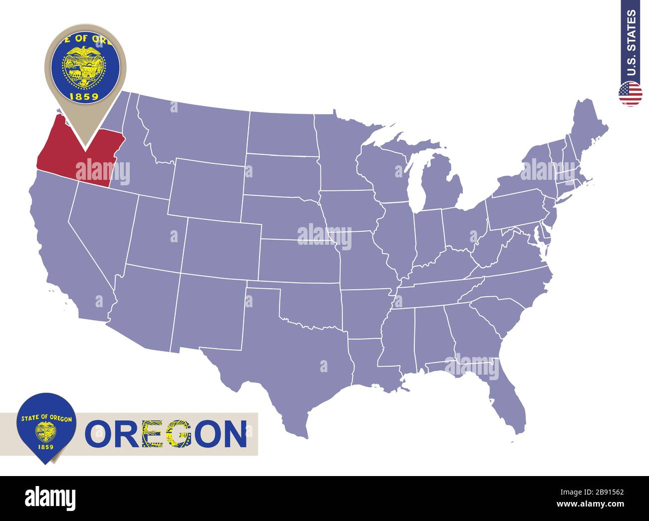 oregon on a map of usa Oregon State On Usa Map Oregon Flag And Map Us States Stock oregon on a map of usa