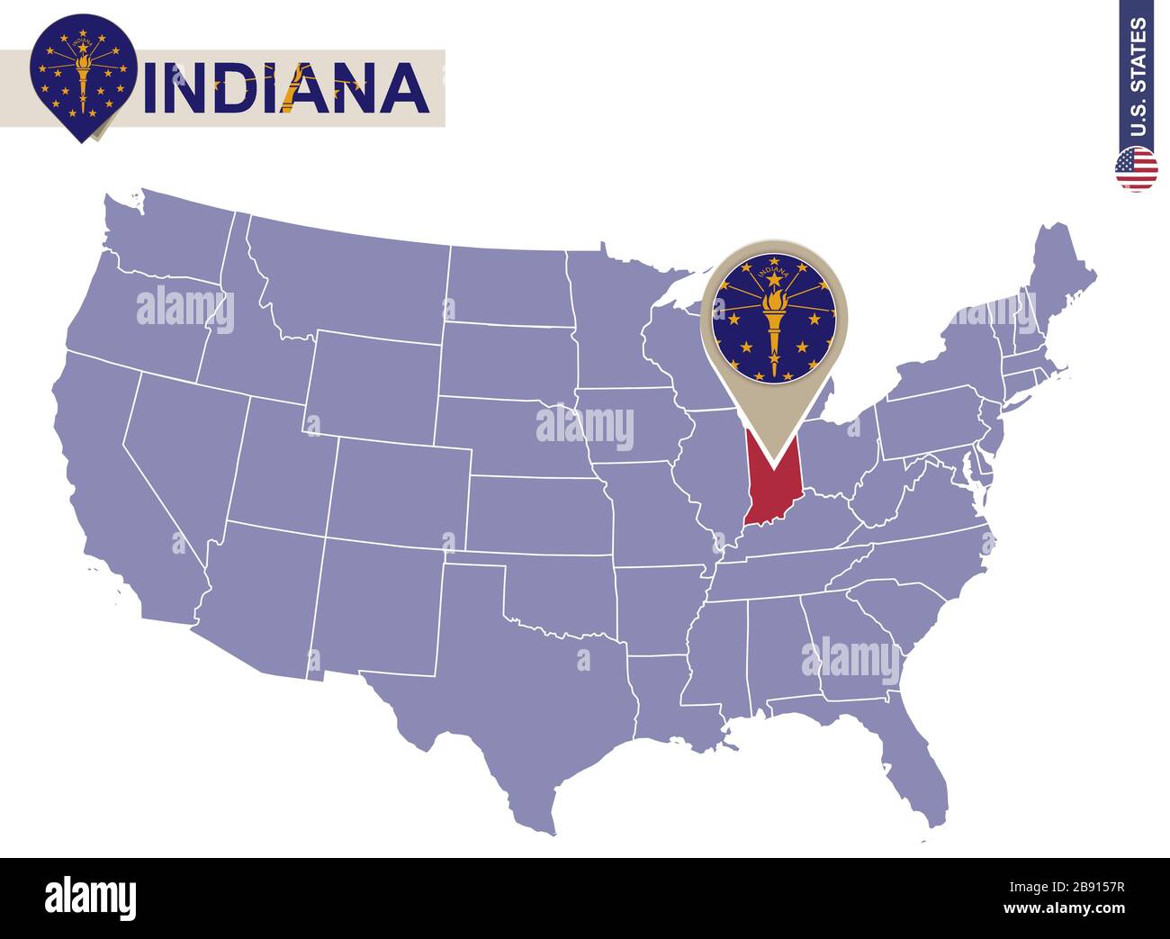 Indiana State on USA Map. Indiana flag and map. US States Stock Vector