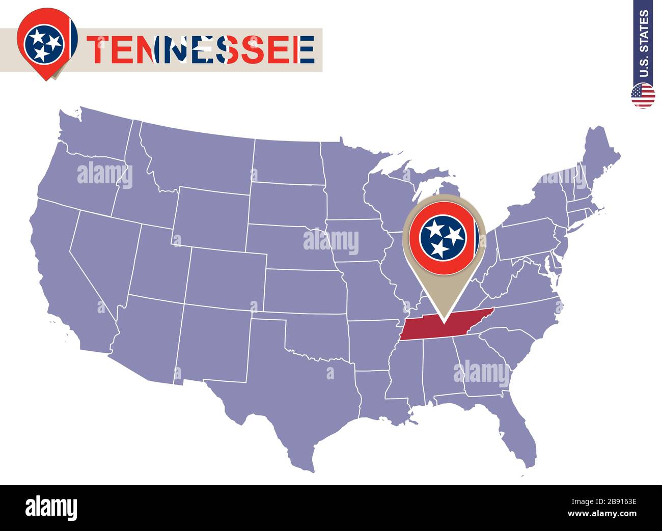 Tennessee State on USA Map. Tennessee flag and map. US States. Stock Vector
