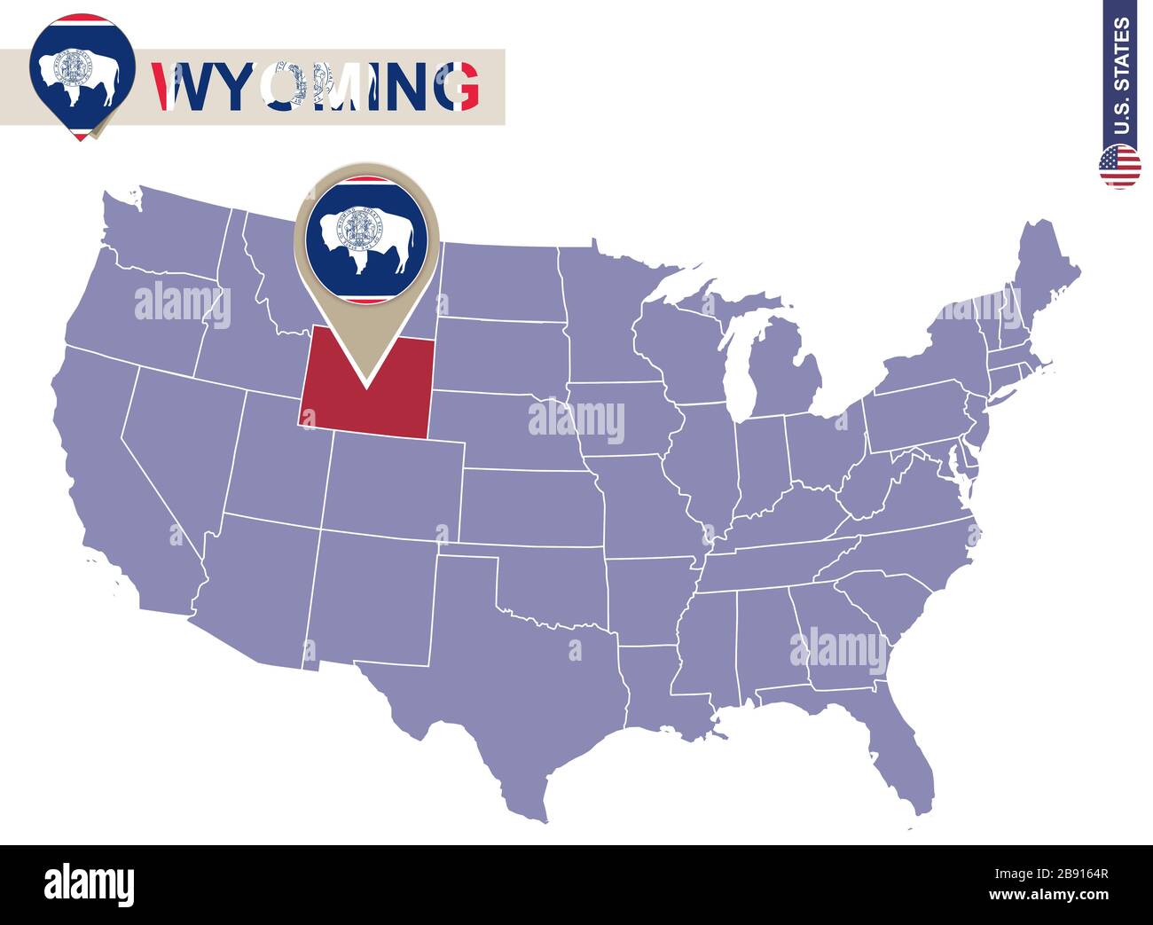 Wyoming State on USA Map. Wyoming flag and map. US States. Stock Vector