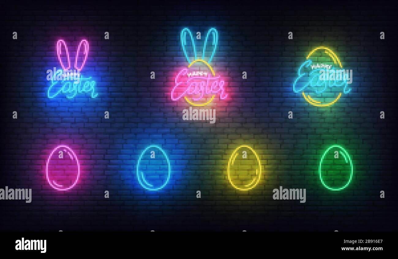 Easter neon. Glowing neon labels and eggs for Easter Stock Vector