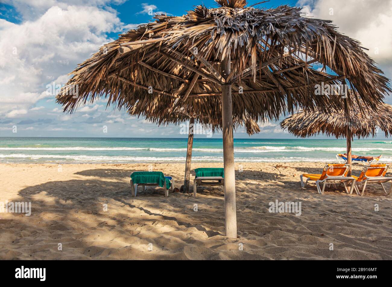 Varadero beach, Cuba Huts made of straw on the beach of Varadero for
