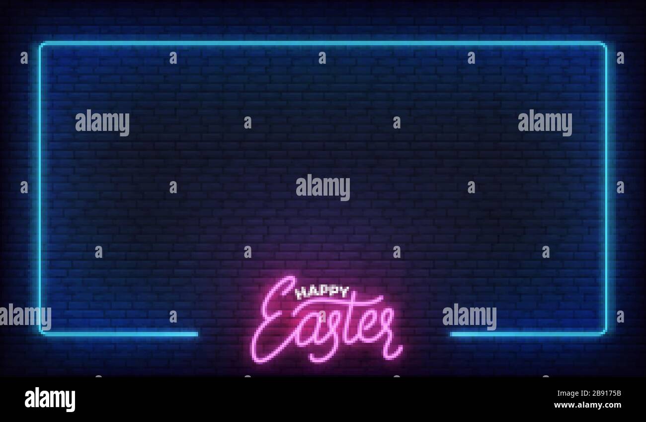 Easter neon background. Easter template with lettering and glowing frame Stock Vector