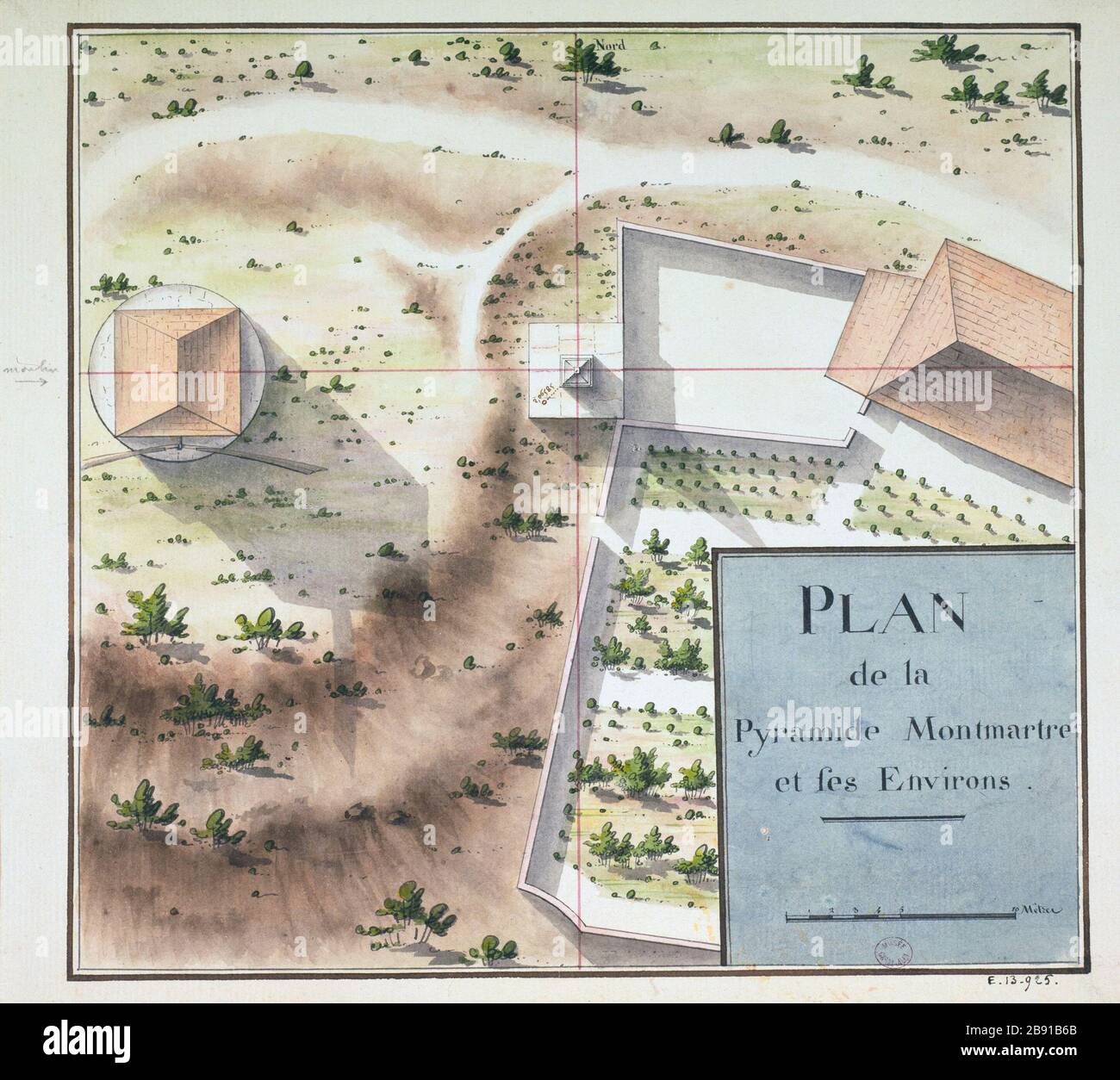 Map of Pyramid Montmartre and its surroundings Anonyme. Plan de la Pyramide Montmartre et ses environs. Paris (XVIIIème arr.). Plume, lavis d'aquarelle. Paris, musée Carnavalet. Stock Photo