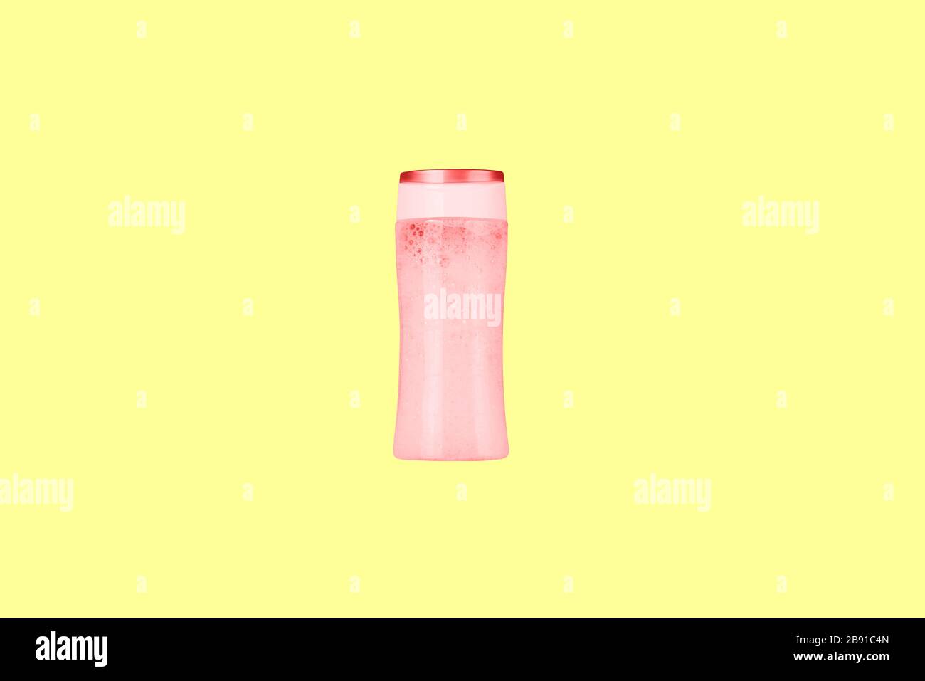 Red plastic bottle with shampoo. Shampoo bottle on a yellow background. Cosmetic product for washing hair and hands without a label Stock Photo
