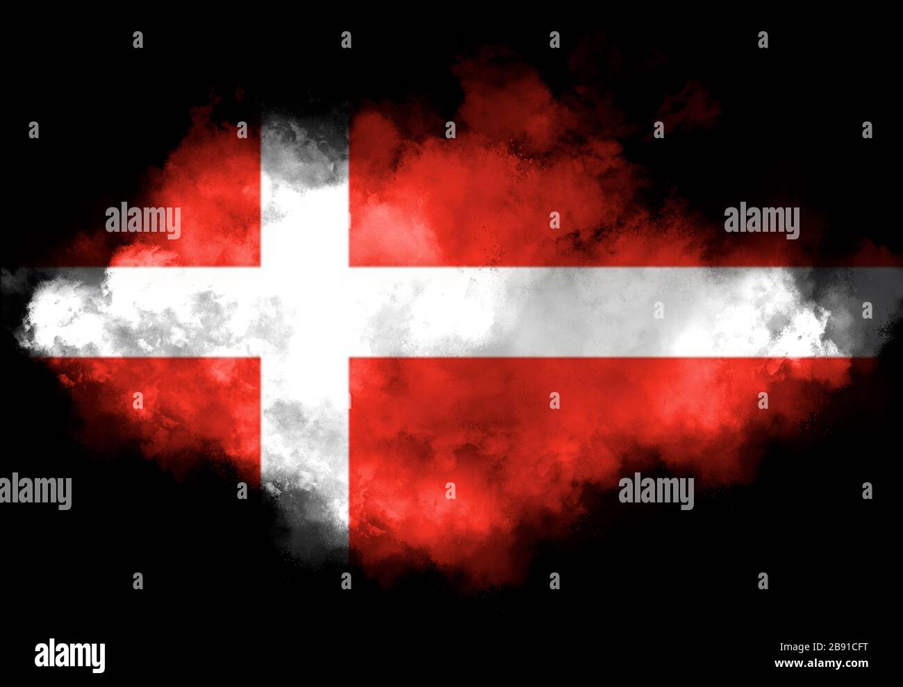 Danish flag performed from color smoke on the black background. Abstract symbol. Stock Photo