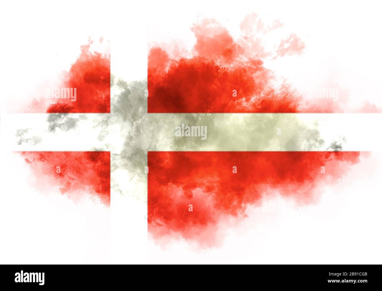 Danish flag performed from color smoke on the white background. Abstract symbol. Stock Photo