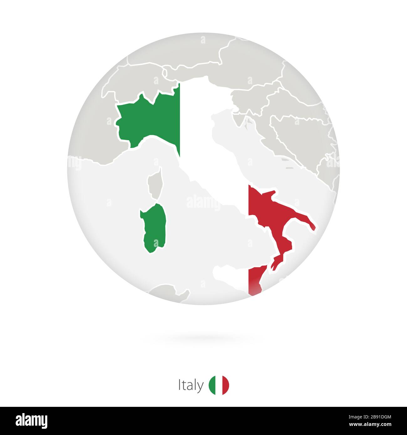 Map of Italy and national flag in a circle. Italy map contour with flag. Vector Illustration. Stock Vector