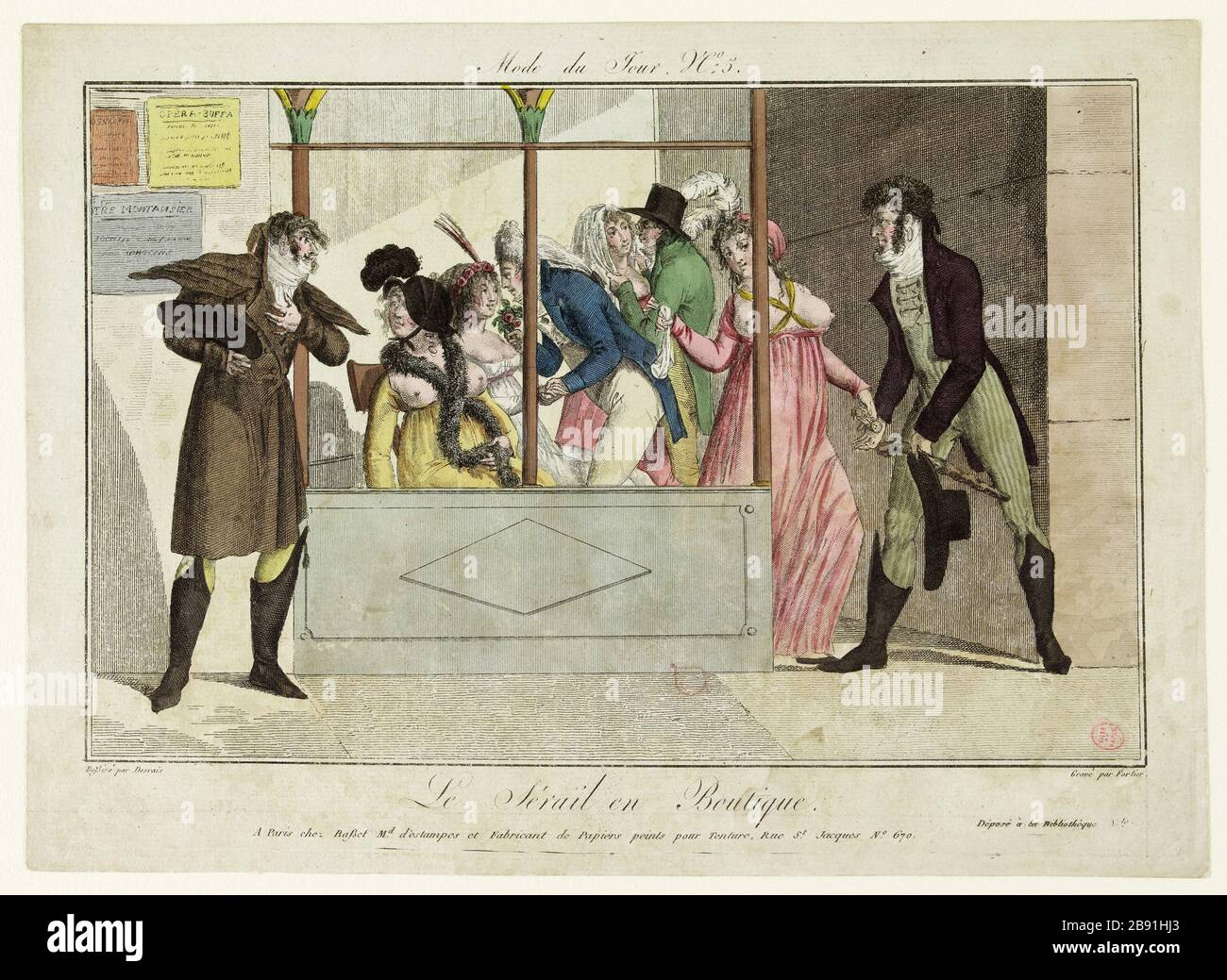 The Seraglio at Boutique Mode Day 5, Fortier/Claude-Louis Desrais. Le Sérail en Boutique, Mode du Jour n°5,. Eau-forte coloriée. Paris, musée Carnavalet. Stock Photo