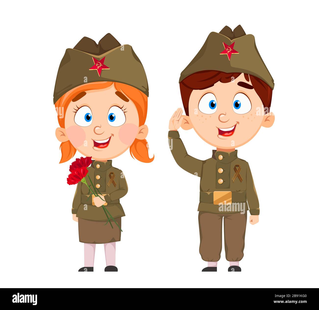May 9. Cute boy and girl cartoon characters. Happy Victory day. Russian holiday. Vector illustration on white background Stock Vector