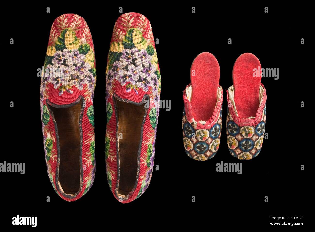 'Pair of Man's Slippers (image 2 of 5); English:  Europe or United States, 1850-1900 Costumes; Accessories Linen canvas with wool needlepoint (Berlin work), and leather Mrs. Alice F. Schott Bequest (M.67.8.165a-b) Costume and Textiles; between 1850 and 1900 date QS:P571,+1500-00-00T00:00:00Z/6,P1319,+1850-00-00T00:00:00Z/9,P1326,+1900-00-00T00:00:00Z/9; ' Stock Photo