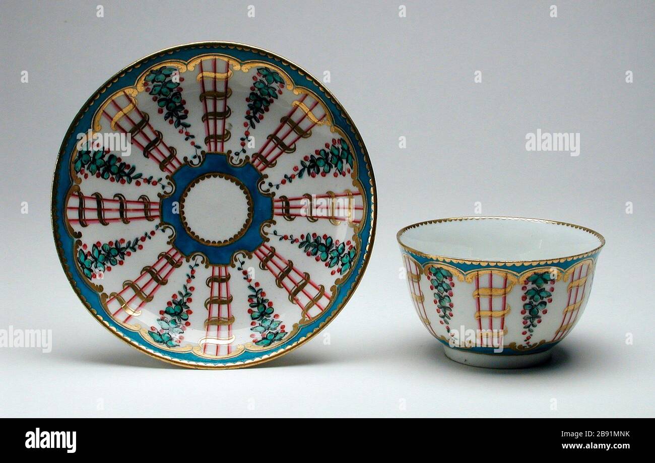 'Pair of Tea Bowls and Saucers (image 3 of 4); English:  England, circa 1775 Furnishings; Serviceware Porcelain with enamel a,c) Height: 2 in. (5.08 cm) each; b,d) Diameter:  4 7/8 in. (12.38 cm) each Gift of Mrs. Mary P. Wells (55.100.6.1-.2) Decorative Arts and Design Currently on public view: Ahmanson Building, floor 3; circa 1775 date QS:P571,+1775-00-00T00:00:00Z/9,P1480,Q5727902; ' Stock Photo