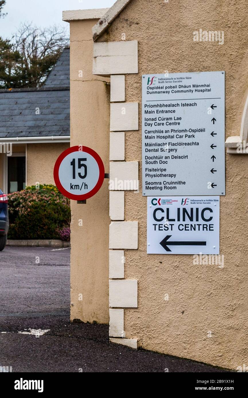 Dunmanway, West Cork, Ireland. 23rd Mar, 2020. Dunmanway Community Hospital is currently operating an emergency Coronavirus Test Centre.  Signs have been placed outside the hospital.  Credit: Andy Gibson/Alamy Live News Stock Photo