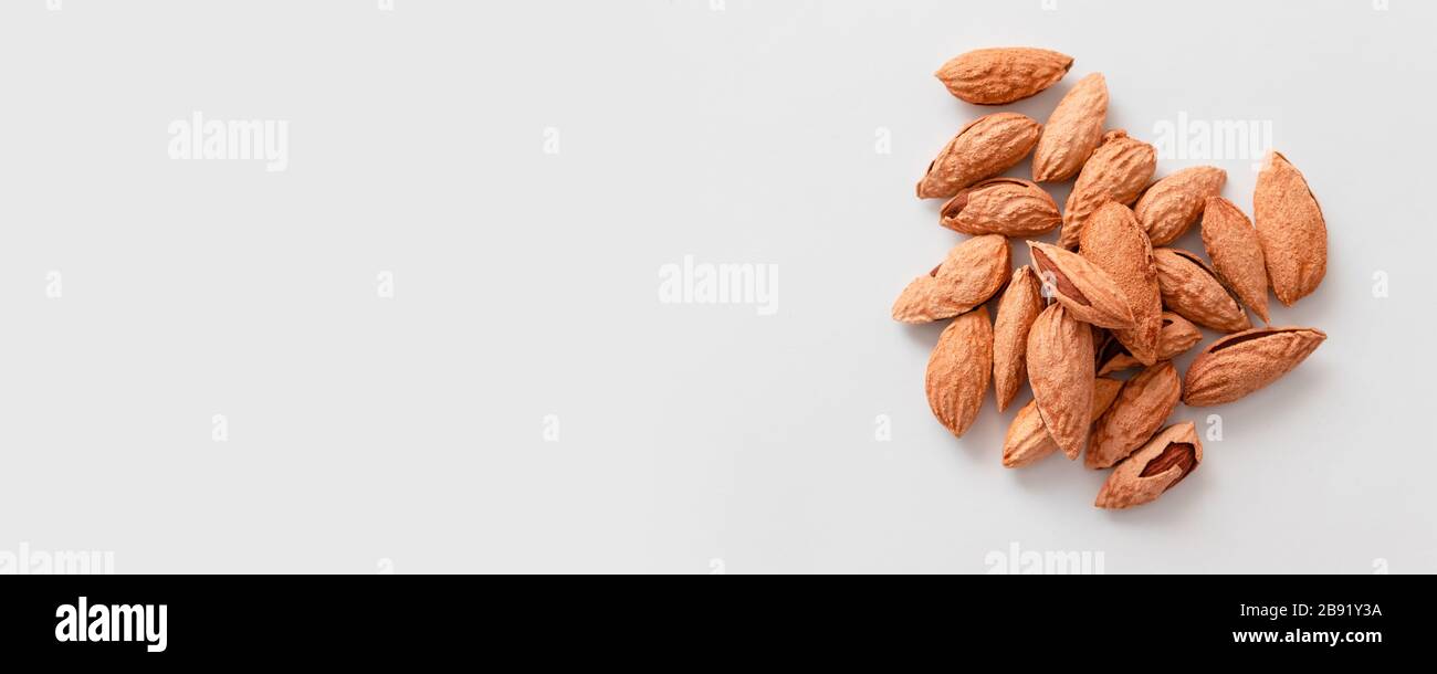 Bunch of inshell almonds with copy space on gray background. Proper ...