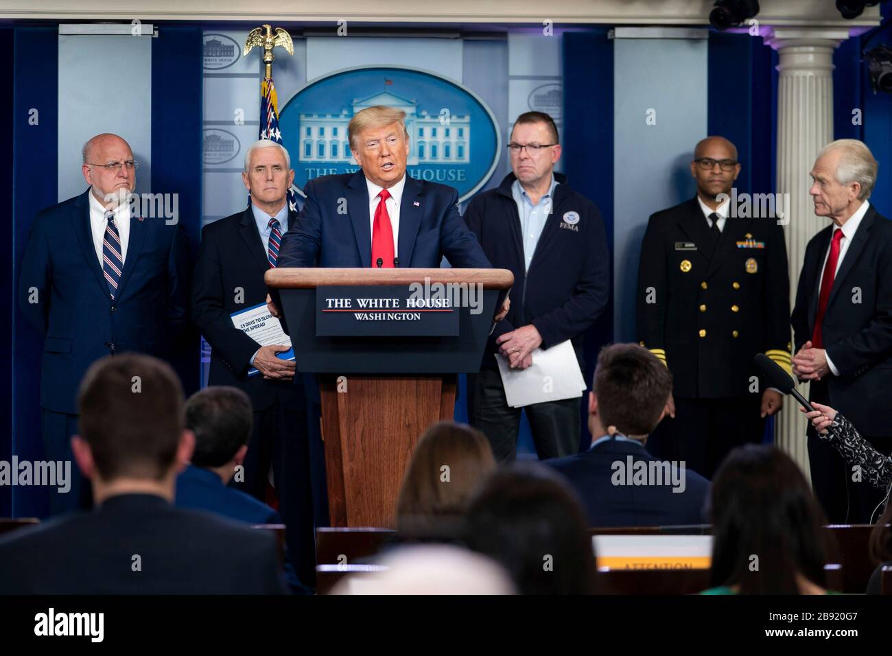 U.S President Donald Trump delivers remarks at the White House Coronavirus Task Force briefing in the Press Briefing Room of the White House March 22, 2020 in Washington, DC. Stock Photo