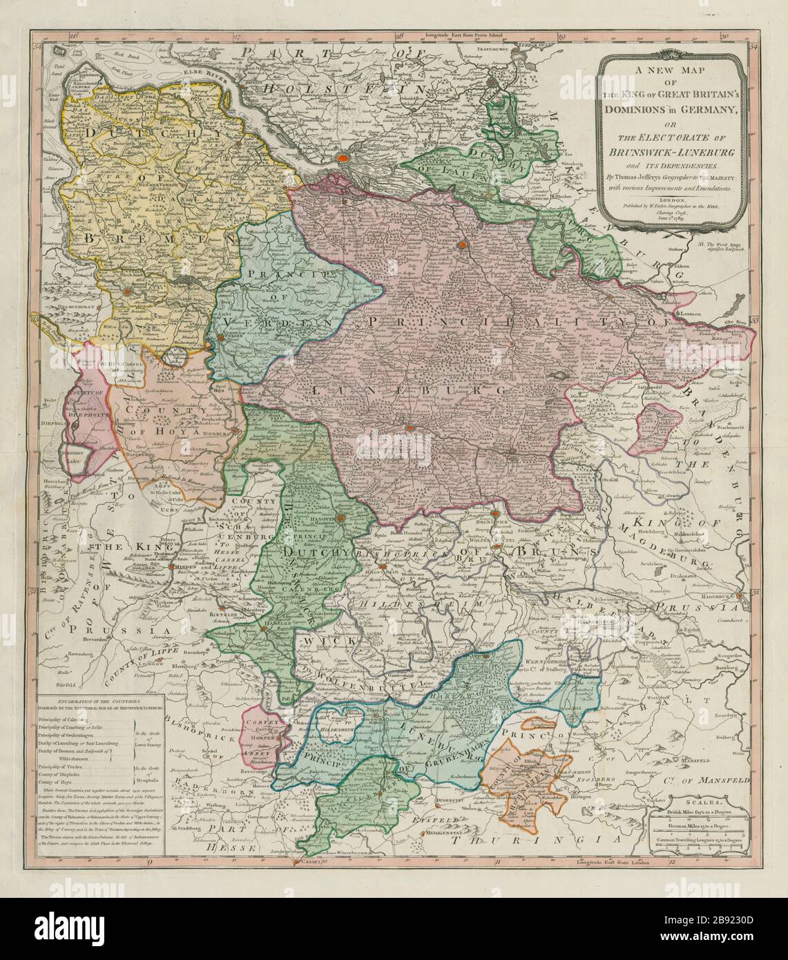 King of Great Britain's dominions in Germany. Brunswick. JEFFERYS/FADEN 1789 map Stock Photo