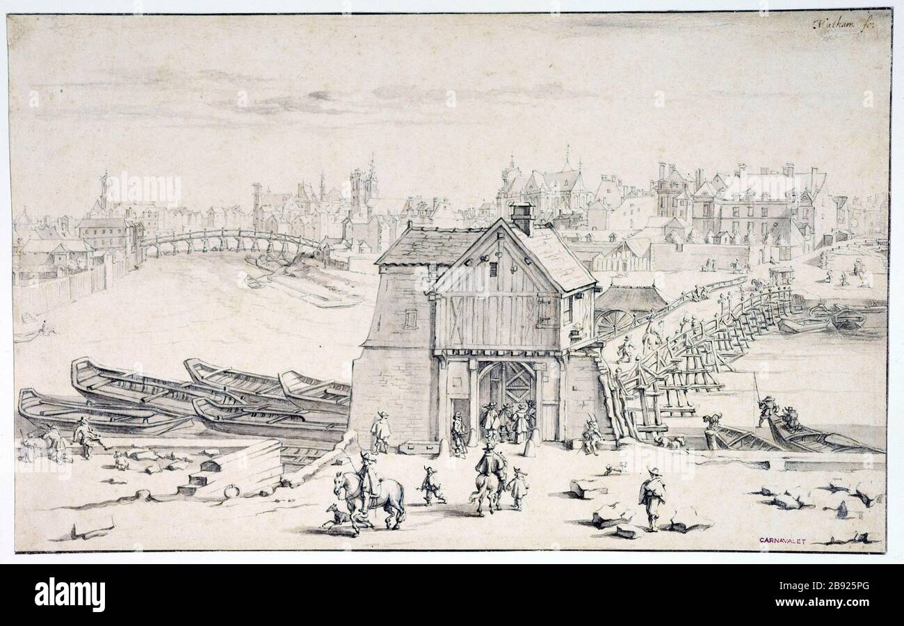 SAINT-LOUIS ISLAND AND BRIDGE TO TOURNELLE 1630 Théodor Dirck Matham (1606-1676). 'L'île Saint-Louis et le pont de la Tournelle vers 1630'. Dessin. Paris, musée Carnavalet. Stock Photo