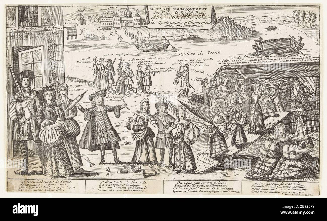 The sad boarding prostitutes in Paris. Gérard Jollain II (1638-1724). Le triste embarquement des filles de joie de Paris. eau-forte. Paris, musée Carnavalet. Stock Photo