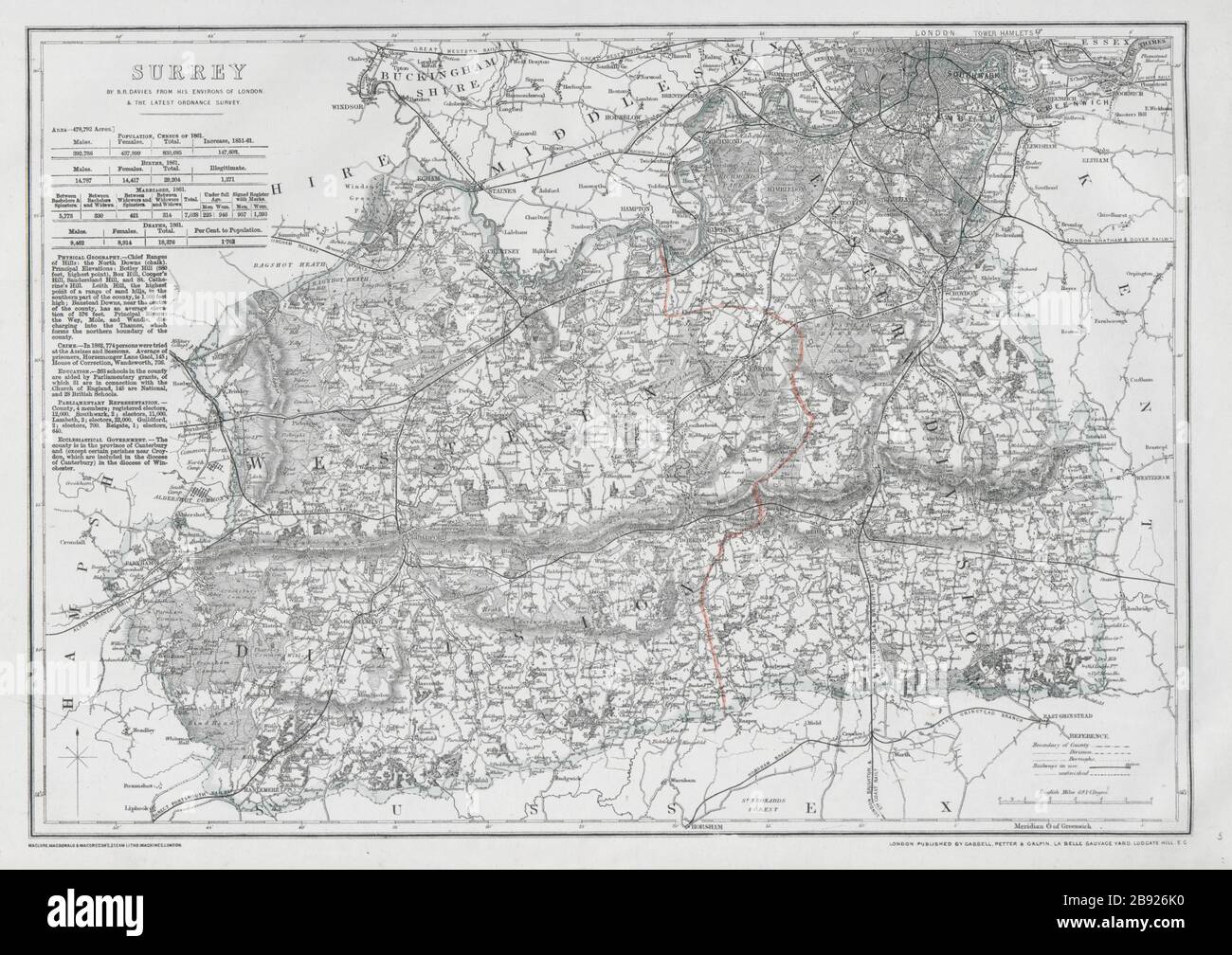 North Downs BAEDEKER 1906 old map Surrey DORKING /& GUILDFORD environs