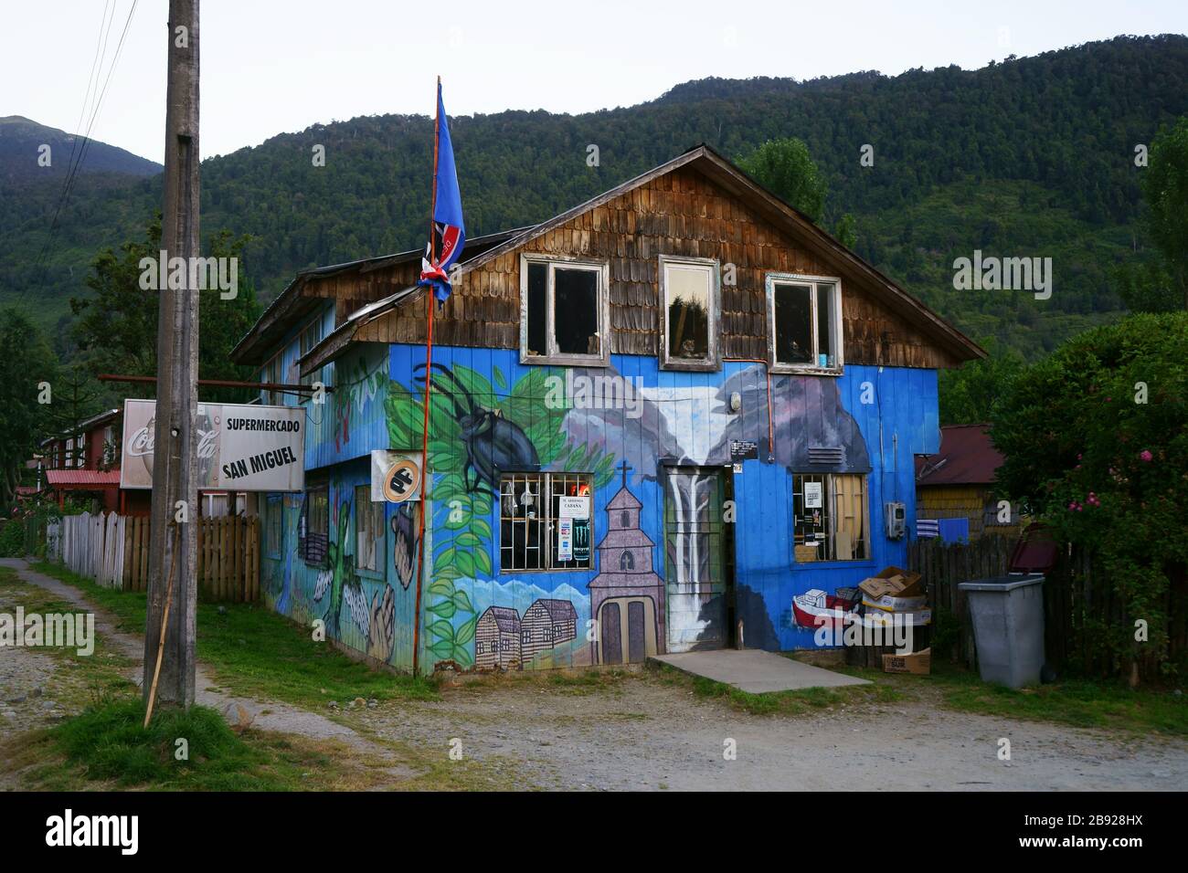 Decorated grocery store at Puerto Ibanez, lake General Carrera, Patagonia, Chile Stock Photo