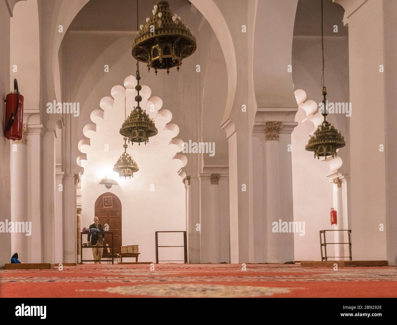 Koutoubia mosque interior with white pillars and decoration Stock Photo