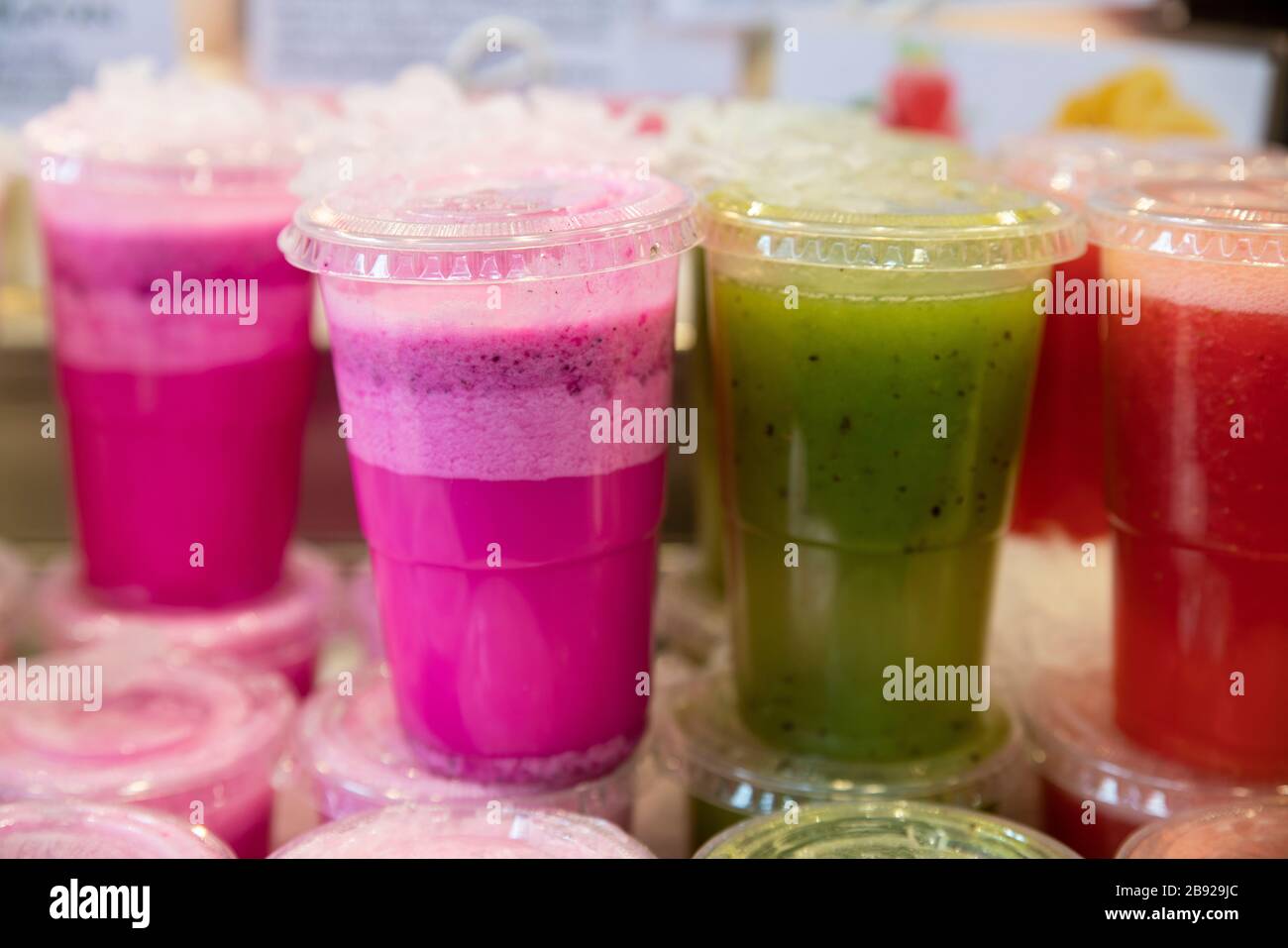 Fresh juices at food Mercado de La Boqueria Market in Rambla Stock Photo