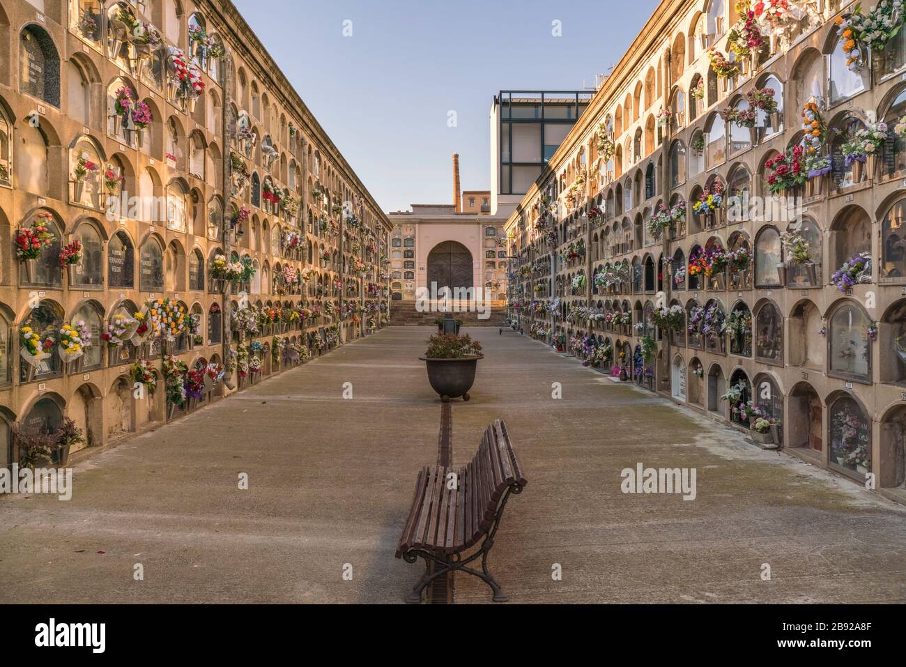 Passage in historic Poblenou Cemetery in Barcelona in summer Stock Photo