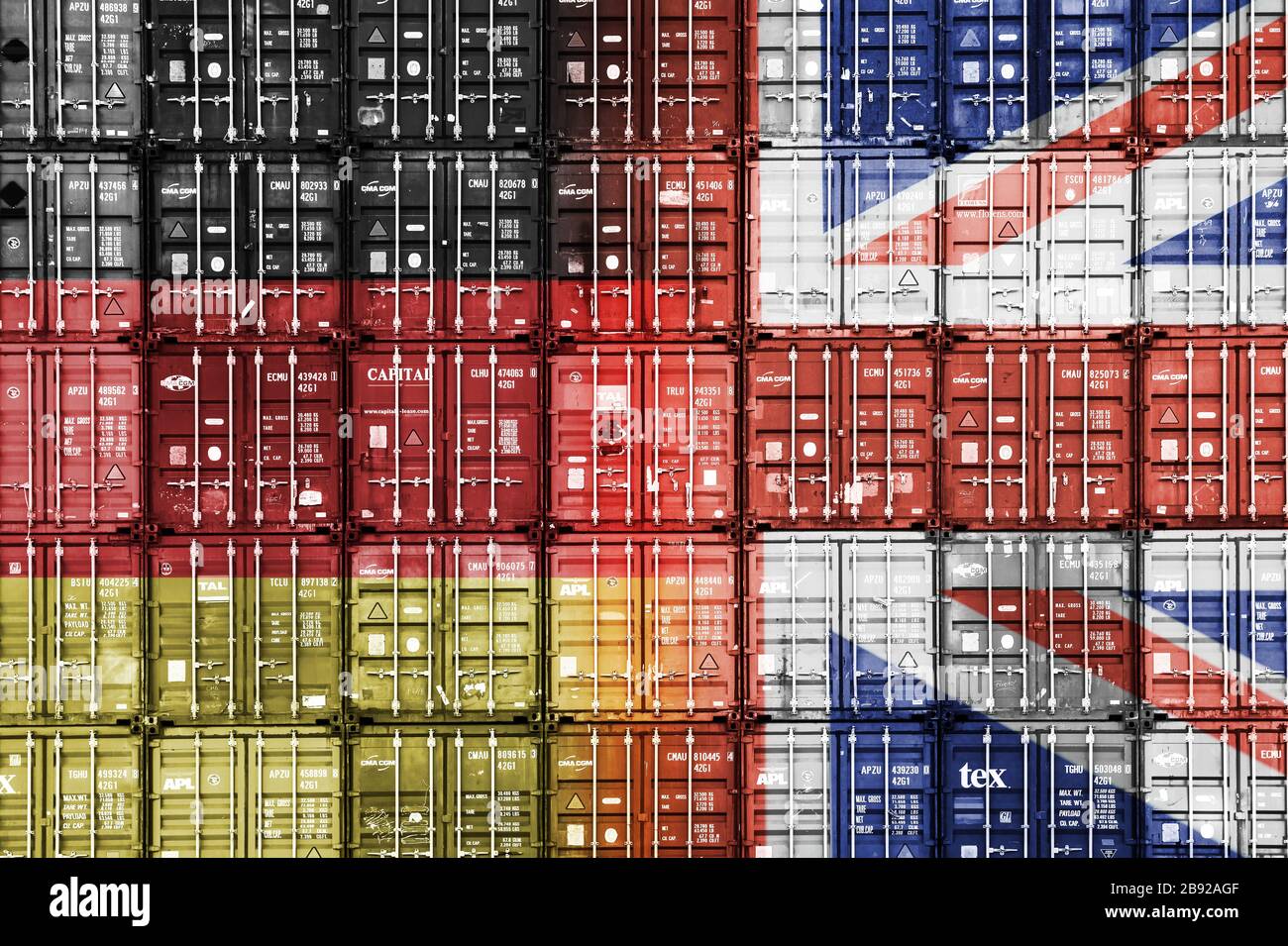 PHOTOMONTAGE, stacked containers in the national colours of Germany and Great Britain, FOTOMONTAGE, Gestapelte Container in den Nationalfarben von Deu Stock Photo