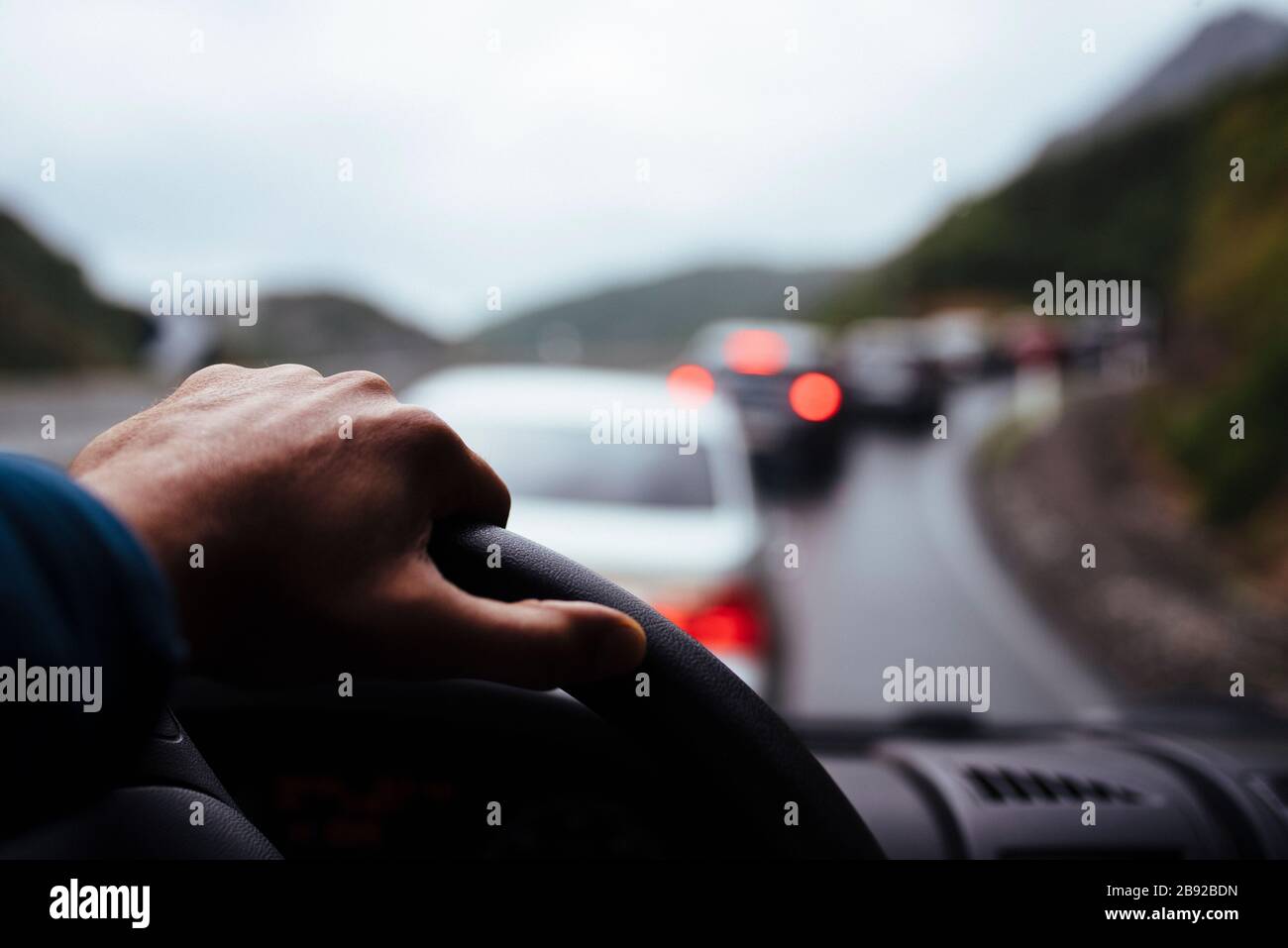 View from inside a motorhome in a traffic jam during a trip. Stock Photo